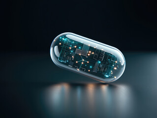 Fototapete - futuristic capsule with transparent exterior, showcasing intricate circuitry and glowing elements inside, symbolizes advanced technology and innovation