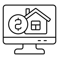 Poster - Monitor screen with coin and house thin line icon, housing market concept. Vector graphics. Display with money, building sign on white background, linear style for mobile or design.