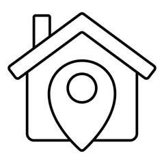 Poster - House with location pin thin line icon, housing market concept. Vector graphics. Cottage building map pinpoint, marker sign on white background, linear style for mobile or design.