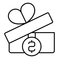 Poster - Gift box with dollar coin thin line icon, finance concept. Vector graphics. Box with bow and money coin, present sign on white background, linear style for mobile or design.