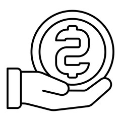 Poster - Hand with big coin thin line icon, financial advice concept. Vector graphics. Coin on hand palm, money sign on white background, linear style for mobile or design.