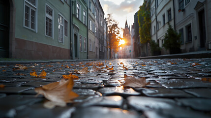 Poster - serene street scene captures beauty of early morning light filtering through buildings, with fallen leaves scattered on cobblestones, evoking sense of tranquility and nostalgia