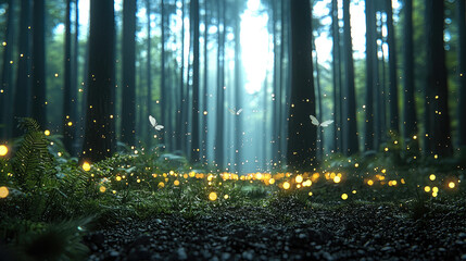 Poster - serene forest scene illuminated by fireflies, with soft light filtering through tall trees, creating magical atmosphere. ground is covered in lush greenery and ferns