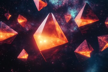Poster - Floating geometric shapes emit bright orange light in a cosmic environment