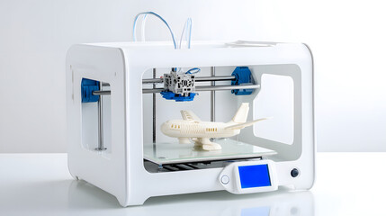 Fototapete - 3D printer creating a detailed plastic prototype on a pure white studio background
