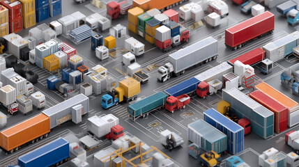 Poster - Aerial view of a busy freight transportation hub with multiple container trucks actively loading and unloading cargo showcasing the efficient logistics and flow of goods in the commercial industry