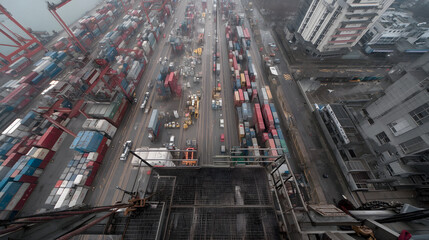 Aufkleber - Aerial view of a crane operator working in the cabin high above a densely packed container terminal showcasing the scale and efficiency of modern industrial logistics and transportation hubs