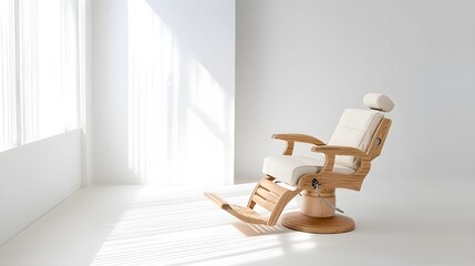 Poster - A beautifully crafted bamboo barber chair with clean minimalist cushions sits in a bright white studio space showcasing a sustainable and modern design aesthetic