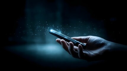 Poster - A bomb disposal expert holds a specialized tool its blue LED lighting up the technician s hand against a mysterious shadowy background