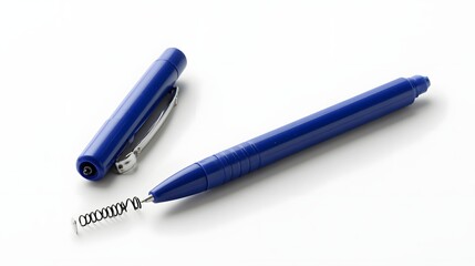 Poster - A close up view of a sleek blue ballpoint pen with the cap removed set against a bright clinical white background under studio lighting conditions