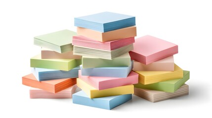 Poster - A creative arrangement of stacked sticky notes in various pastel colors including shades of blue green pink and yellow isolated on a plain white background