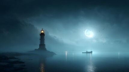 Poster - A dramatic atmospheric scene with a bright moon casting its glow over a cargo ship as it navigates the tranquil sea near a solitary illuminated lighthouse