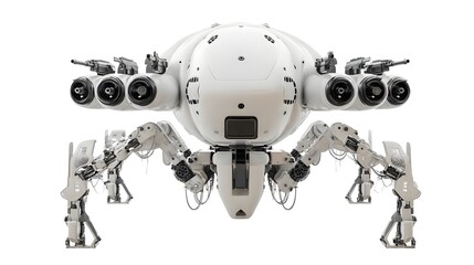 Poster - A highly advanced futuristic looking war drone equipped with multiple mounted guns and artillery isolated on a plain white backdrop for a high tech defense advertisement