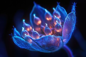 Poster - Glowing blue flower with illuminated buds, a surreal and vibrant close-up.