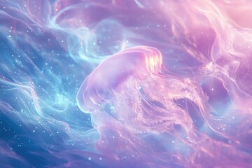 Aufkleber - A mesmerizing jellyfish floats in a dreamy, pastel-colored underwater nebula, emitting ethereal light.