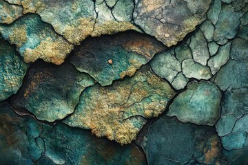 Leinwandbilder - Abstract image of cracked, teal and gold textured rock surface with lichen growth.