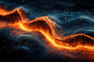 Poster - Abstract fiery wave of glowing particles, dark blue and orange hues, digital art.