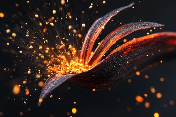 Aufkleber - A dark flower bursts open, scattering golden pollen in a dramatic explosion of color and light.
