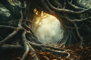 Poster - Enormous tree roots create a mystical archway, sunlight filtering through the misty forest.