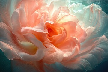Poster - An ethereal underwater bloom, peach and teal hues paint a delicate, flowing flower.