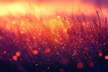 Leinwandbilder - Sunset illuminates tall grass, creating a magical, bokeh-filled scene of warm orange and deep purple hues.