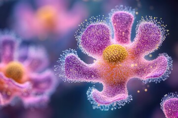 Poster - Microscopic view of a vibrant, flower-like organism with intricate details and a textured surface.