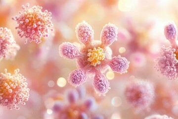 Poster - Microscopic view of pink virus cells, possibly illustrating a viral infection or disease.