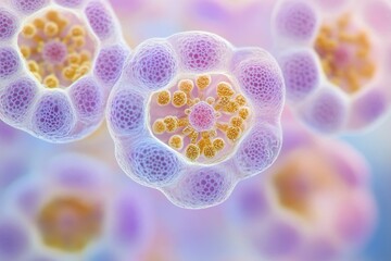 Poster - Microscopic view of intricate cellular structures, revealing complex biological processes and vibrant colors.