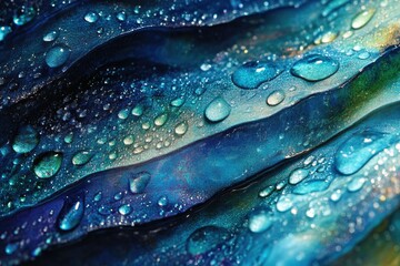 Poster - Close-up of water droplets on a textured, iridescent blue surface, creating a mesmerizing abstract pattern.