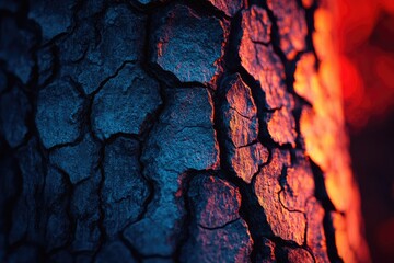 Poster - Close-up of textured tree bark illuminated by warm, contrasting light.  Deep shadows and vibrant colors create a striking image.
