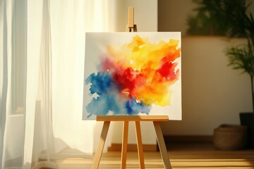 Poster - Vibrant watercolor painting on a wooden easel, showcasing a blend of blue, red, and yellow.