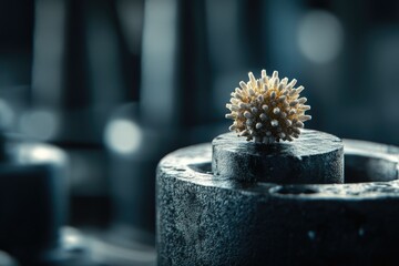 Poster - A microscopic virus model rests atop a dark, metallic surface, symbolizing a battle against disease.