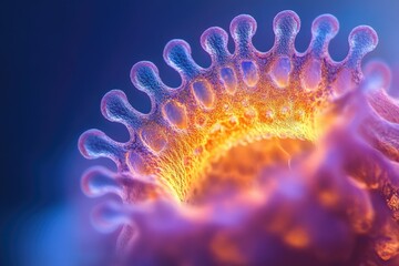 Poster - Microscopic view of a virus's intricate structure, showcasing its vibrant, detailed surface.