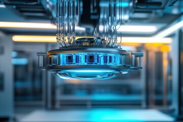 Poster - Advanced quantum computing device suspended in a high-tech research laboratory setting