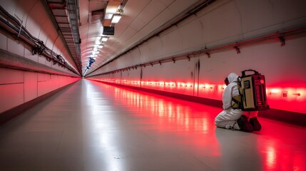 Fototapete - A person wearing a safety or hazmat suit walks through a long symmetrical underground tunnel illuminated by eerie red hazard lights suggesting a dangerous or emergency situation