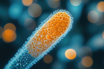 Poster - Microscopic view of a structure resembling an orange-hued organism covered in small bubbles against a bokeh background.