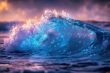 Aufkleber - A bioluminescent wave glows vibrantly at sunset, a breathtaking spectacle of nature's artistry.