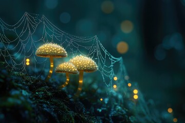 Poster - glowing mushrooms illuminated by soft light, nestled amongst a dewy spiderweb in a dark forest.