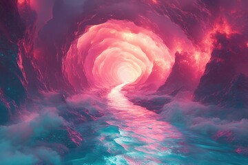 Aufkleber - A surreal, glowing pink tunnel with a river flowing towards a bright light, creating a mystical and otherworldly scene.