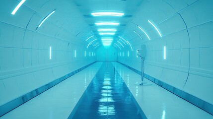 Futuristic space station corridor, with glowing blue neon panels and clean white surfaces, showing retro-futuristic design and cinematic lighting effects, empty but full of advanced sci-fi atmosphere.