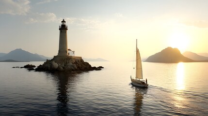 Poster - A solitary sailboat gracefully navigates the serene golden hued waters as a lighthouse stands tall on a rocky outcrop its beacon illuminating the breathtaking coastal scenery at the golden hour