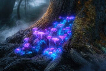 Poster - glowing purple and blue mushrooms illuminate a dark forest base, creating a mystical and enchanting 