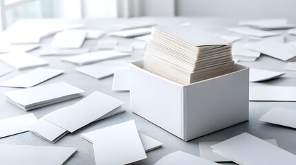 Aufkleber - A stack of blank white business cards neatly arranged in a minimalist white cube box set against a clean well lit studio background