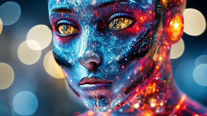 Aufkleber - this image features a stunning, ethereal face adorned with colorful cosmic patterns. it merges scien