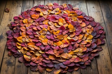 Poster - A circular arrangement of autumn leaves in vibrant red, orange, and yellow hues on a rustic wooden floor.