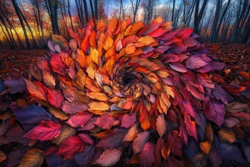 Poster - Autumn leaves arranged in a mesmerizing spiral in a forest setting at sunset.