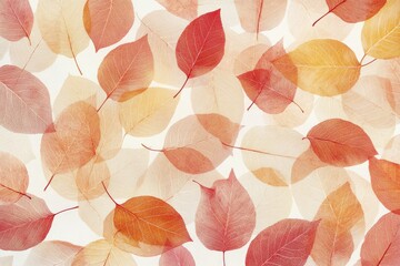 Poster - A collection of translucent autumn leaves in shades of red and orange, scattered on a white background.