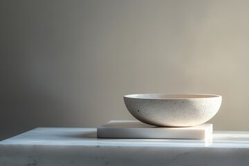 Poster - A minimalist aesthetic: A speckled beige bowl rests on a white marble square against a muted background.