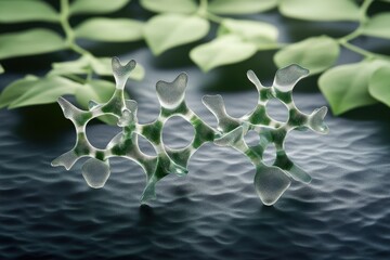 Poster - Abstract 3D rendering of a translucent, green-veined, intricate structure resembling a molecule or microscopic organism, set against a blurred background of green leaves.