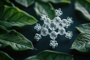 Poster - A 3D model of a molecule rests on lush green leaves, representing the connection between nature and scientific advancements.